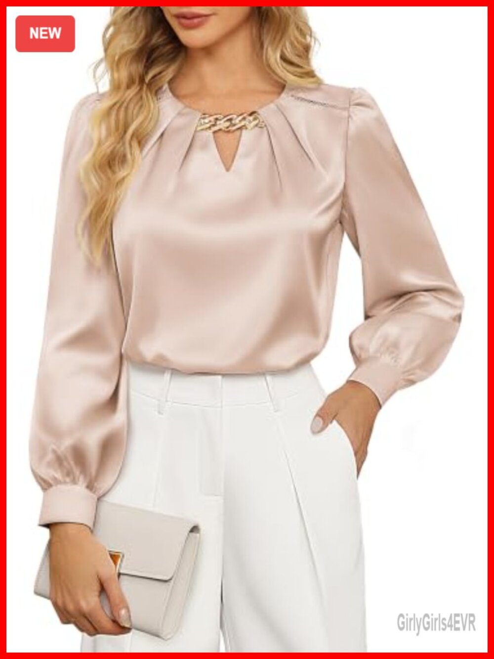Satin Silk Blouse Long Sleeve Keyhole Chain Office Work Shirt